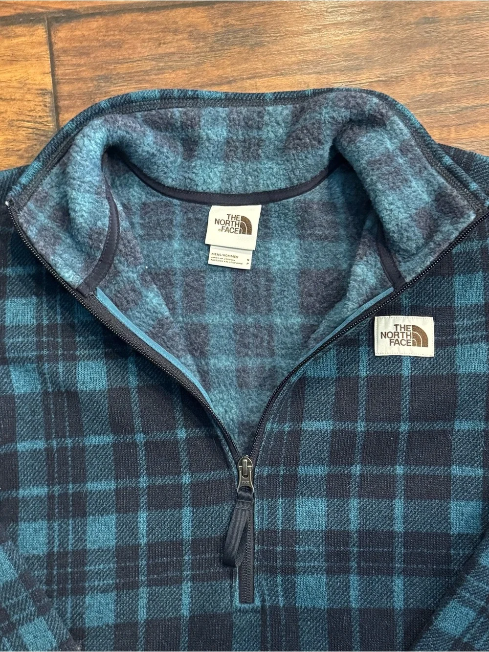 The North Face Men’s Small Plaid Fleece Pullover Blue Black 1/4 Zip Jacket